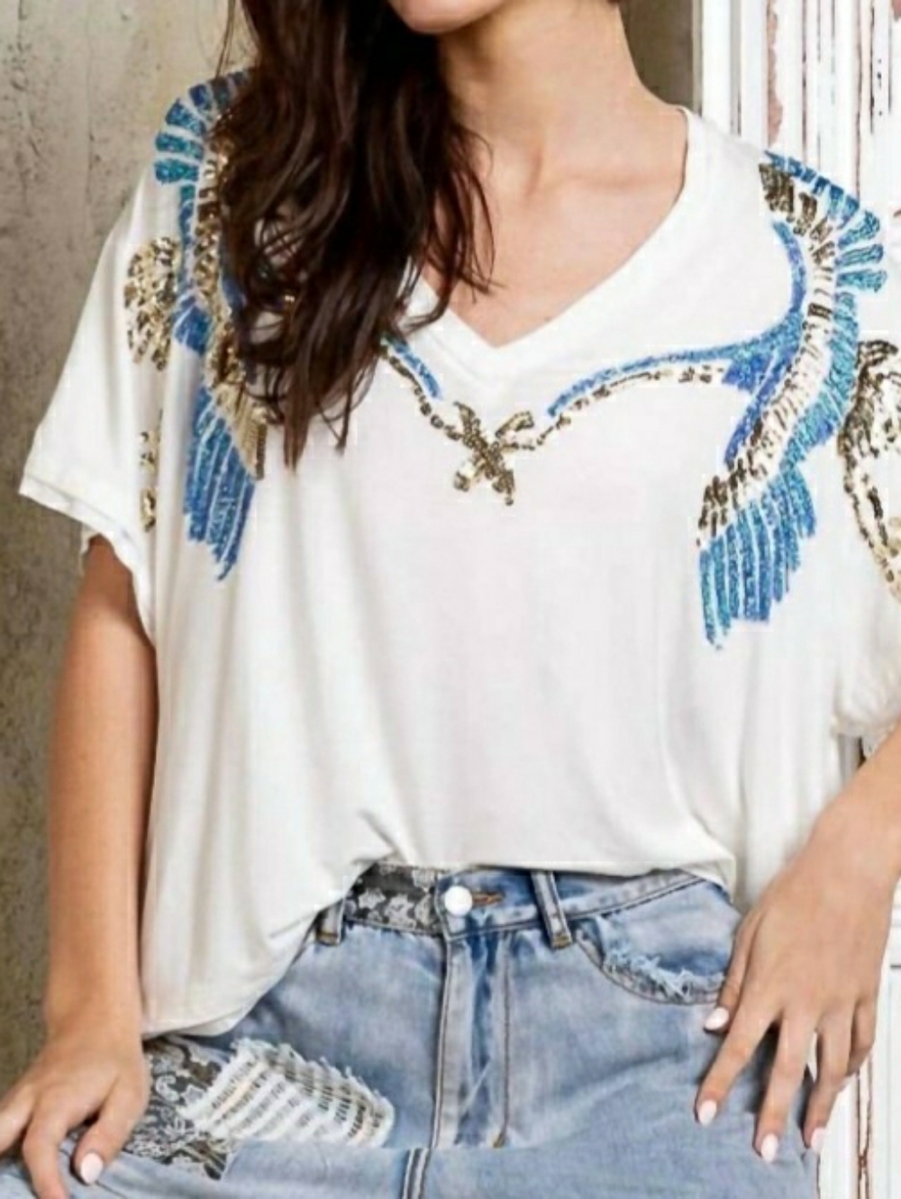 POL Kesha Sequin V-Neck Top In White Oversized Boxy Drapey Shirt Sz Medium